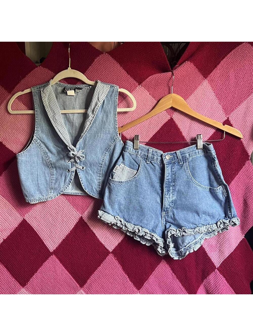 vintage 90s denim gingham short and vest set